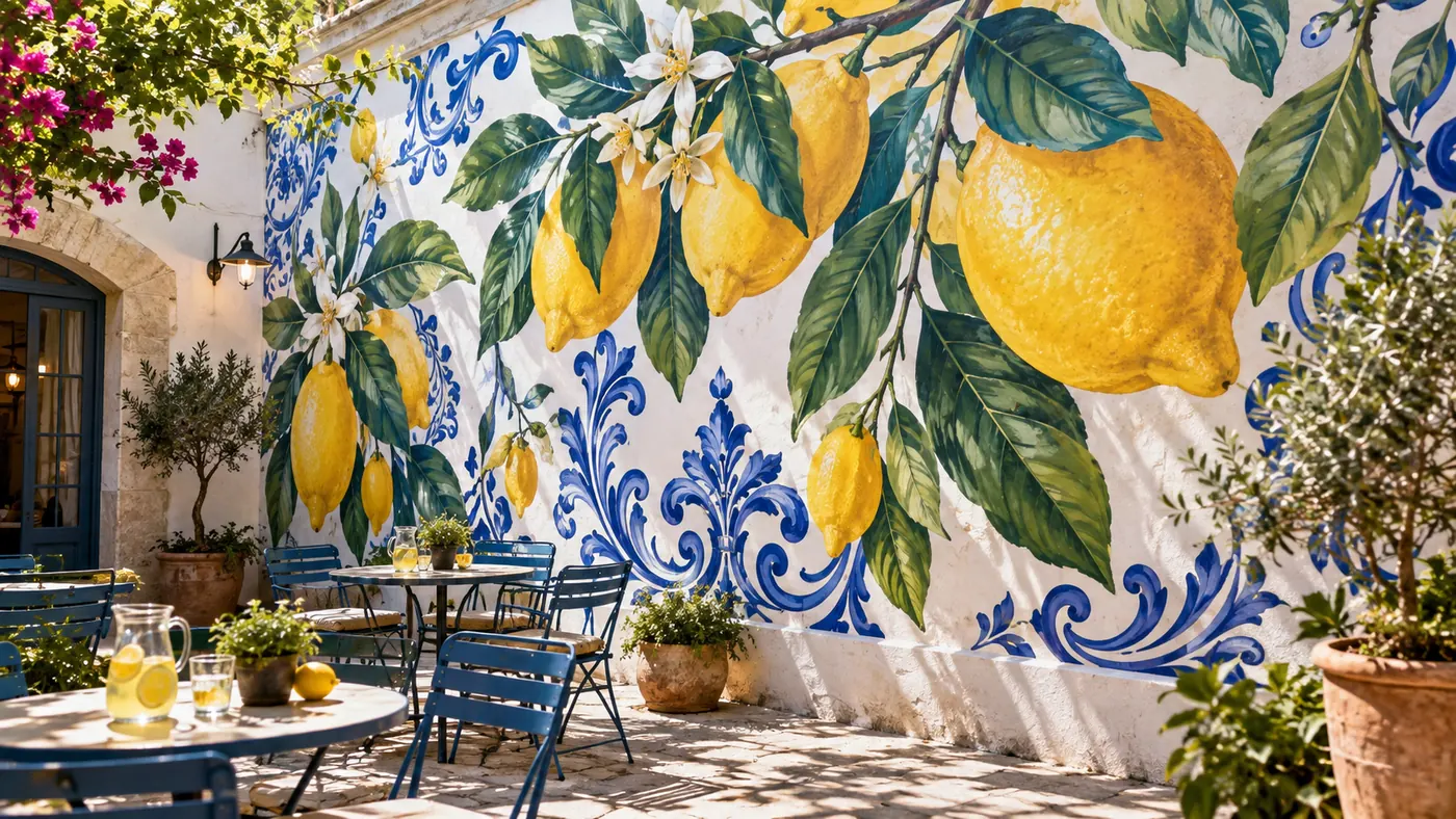 Vizualizace: zahrádka restaurace s citrony – přímý tisk na stěnu