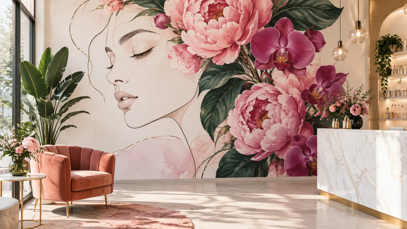Vizualizace: beauty salon s květinami – přímý tisk na stěnu