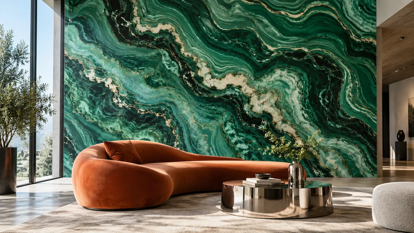 Vizualizace: showroom s minerální kresbou – přímý tisk na stěnu