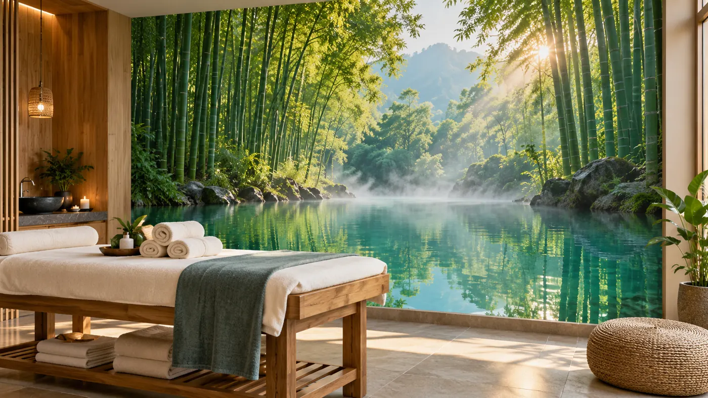 Vizualizace: wellness s bambusovým lesem – přímý tisk na stěnu