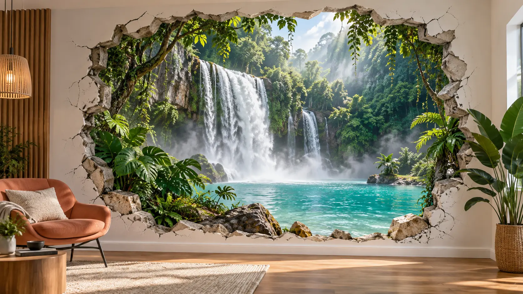 Vizualizace iluzivního průlomu ve stěně s výhledem na vodopád v džungli