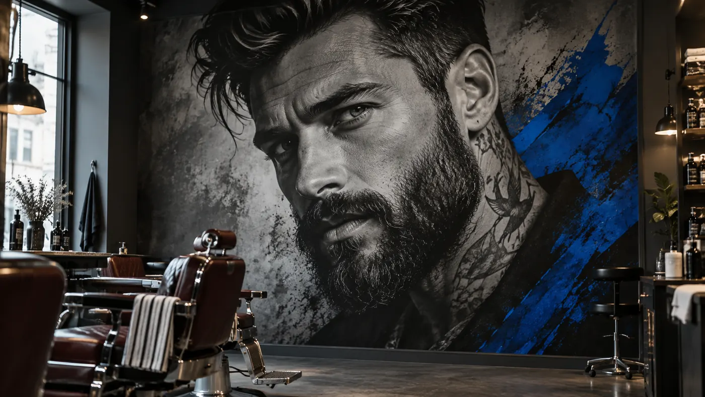 Vizualizace: barber s výrazným portrétem – přímý tisk na stěnu