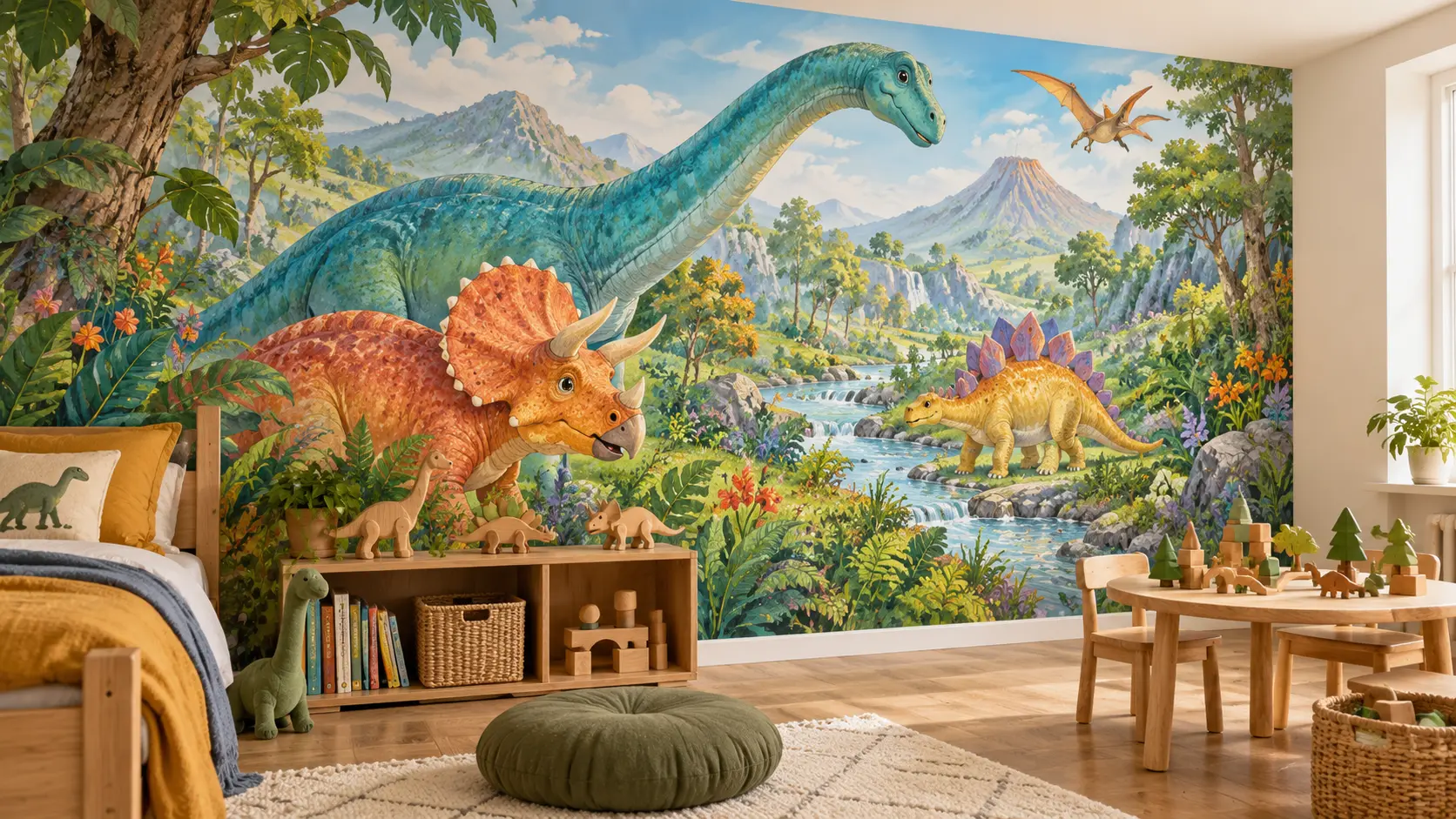 Vizualizace dětského pokoje s barevnými dinosaury