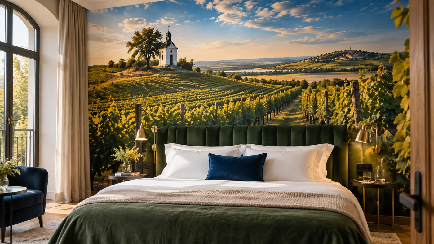 Vizualizace: hotelový pokoj s vinicí – přímý tisk na stěnu