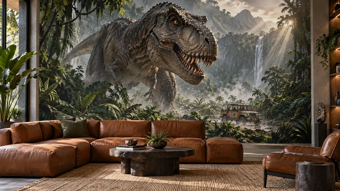 Vizualizace: dinosaurus v džungli – přímý tisk na stěnu