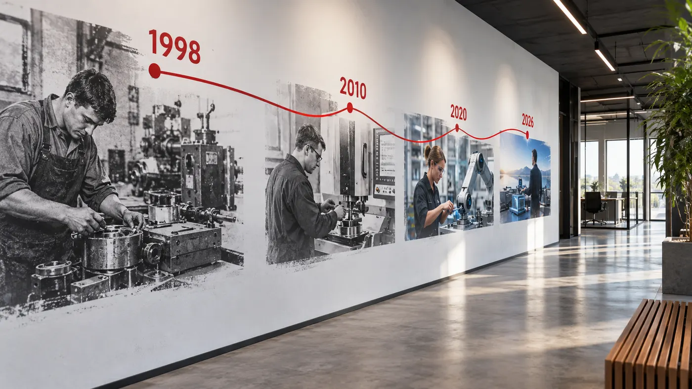 Vizualizace: historie firmy na stěně – přímý tisk na stěnu