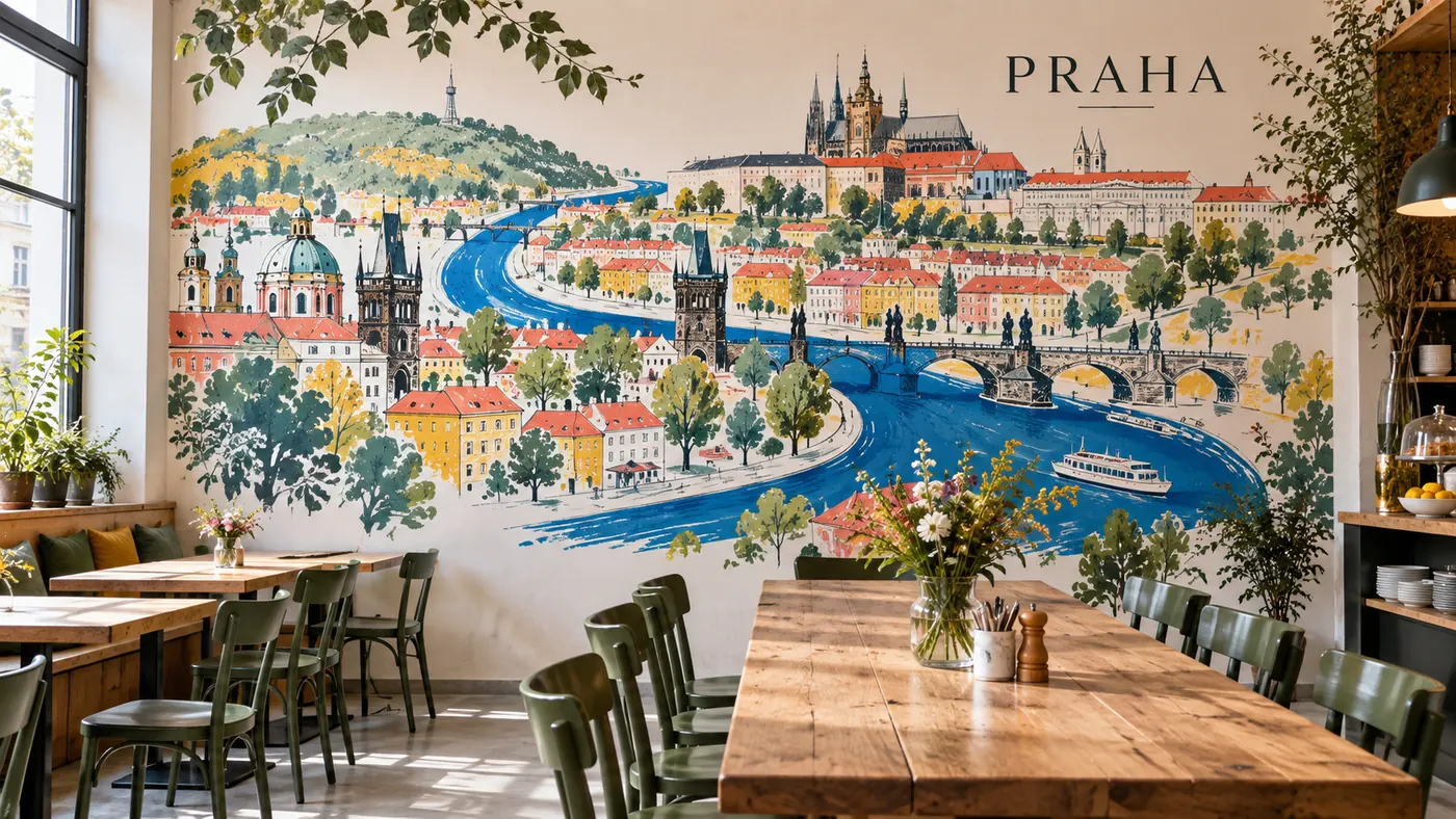 Vizualizace: bistro s ilustrací prahy – přímý tisk na stěnu
