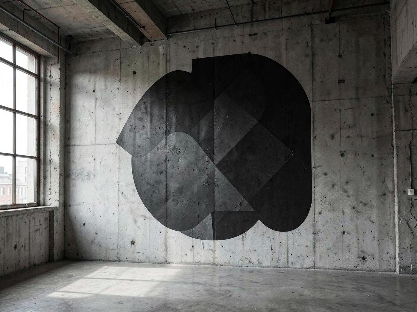 Černý geometrický tvar vytištěný na surovém betonu