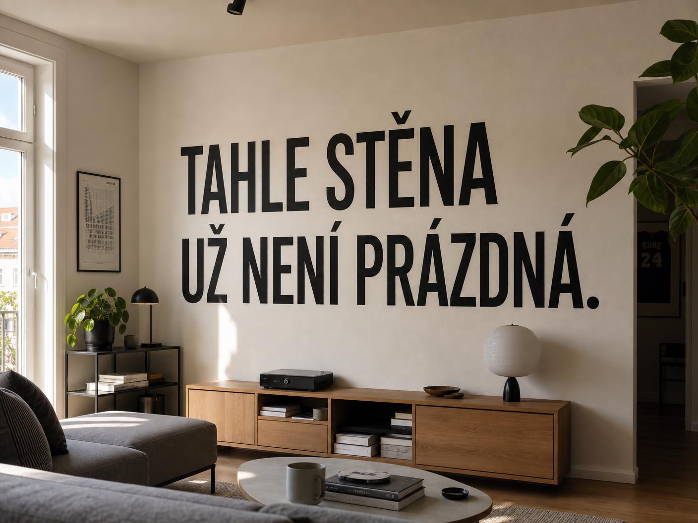 Velký ostrý nápis TAHLE STĚNA UŽ NENÍ PRÁZDNÁ vytištěný na stěně obývacího pokoje
