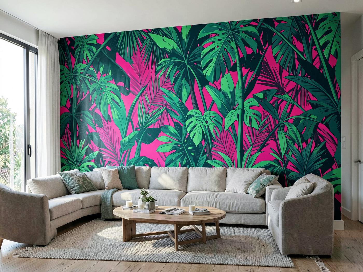 Sytý tropický mural vytištěný přes celou stěnu obývacího pokoje