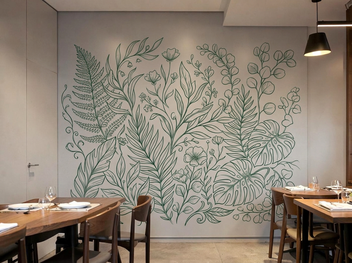 Stěna v restauraci s vytištěným muralem a logem